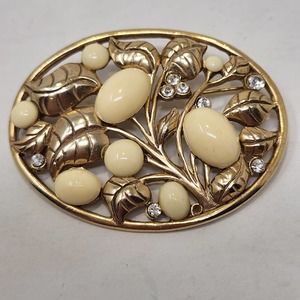 Gold Tone Oval Clear Cream Rhinestone Brooch Pin Statement Floral Leaves Vintage